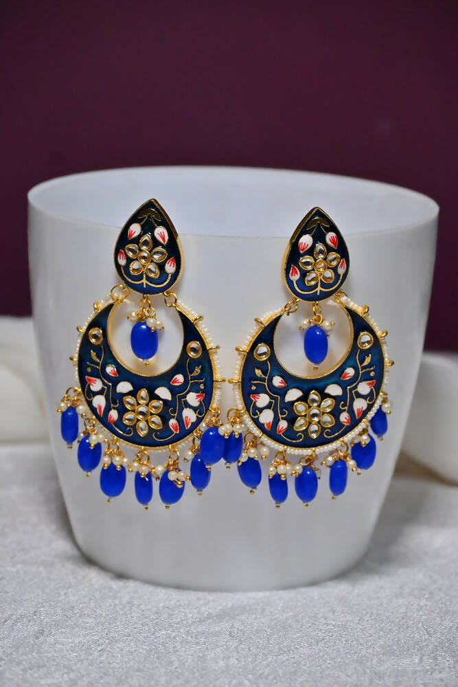 Gold Plated Brass & Pearl Dangle Women Royal Blue Hand Painted Meenakari Chandbali Earrings By House of Ree - Distacart