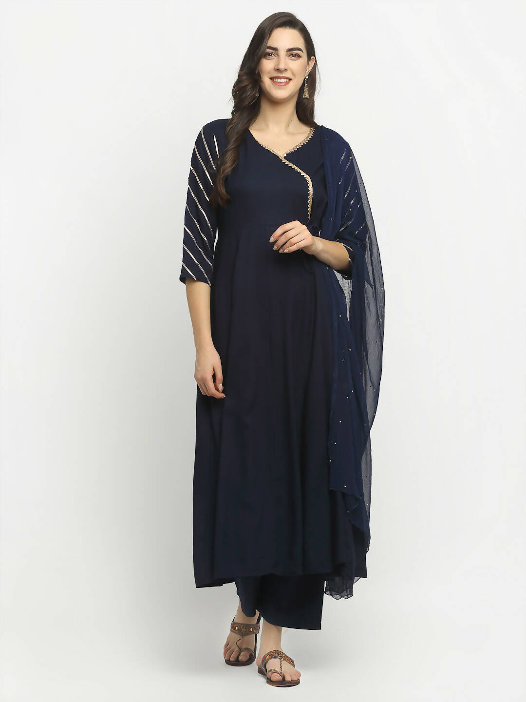Rudra Bazaar Blue Angrakha Style Flared Kurta with Pyjamas & Dupatta - Distacart