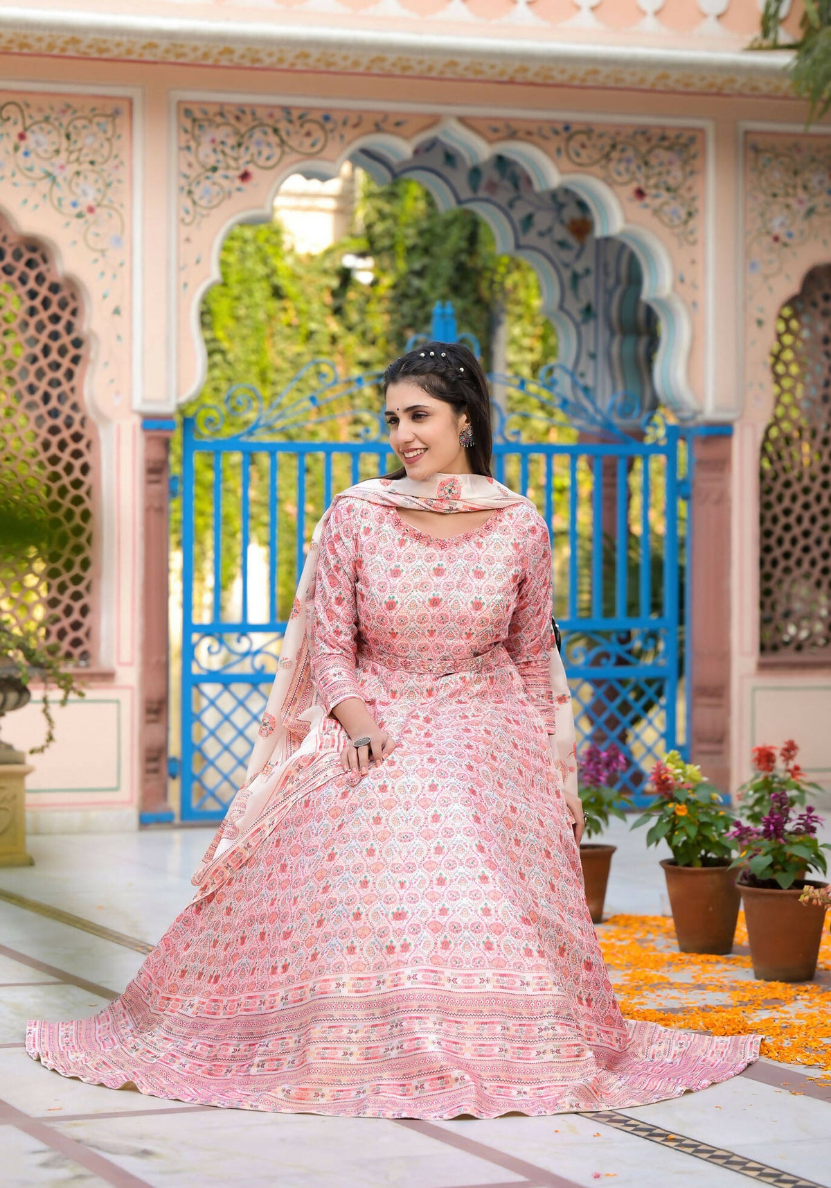 Functional Designer Off White-Light Pink Dola Silk Anarkali suit with Dupatta - Ramya - Distacart