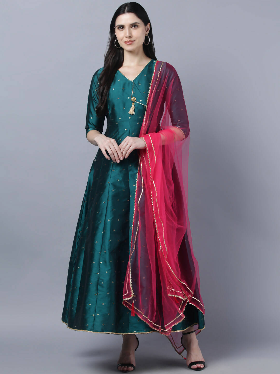 Myshka Green Red Ethnic Motifs Ethnic Anarkali Dress With Dupatta - Distacart
