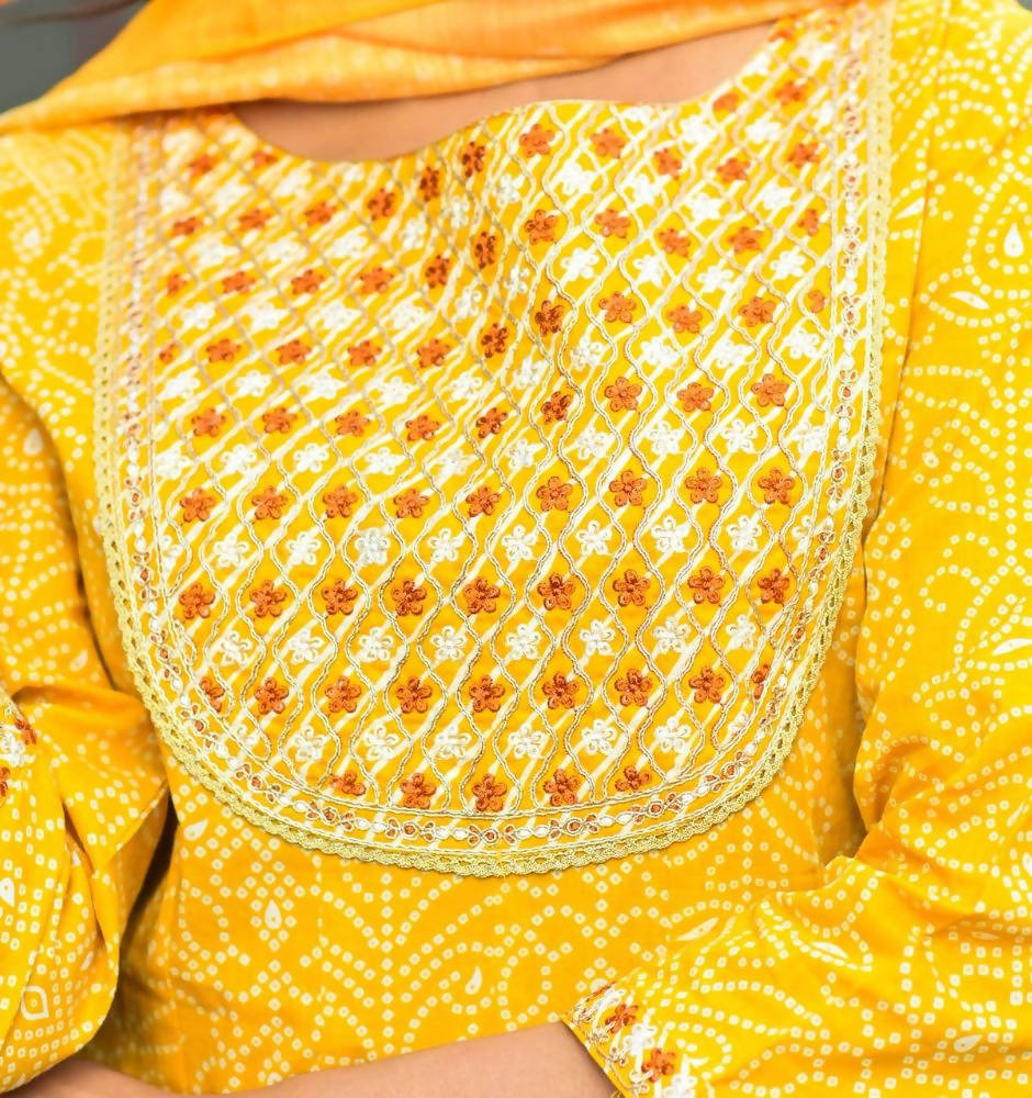 Yufta Women Mustard Handblock Printed Kurta with Trouser & Dupatta