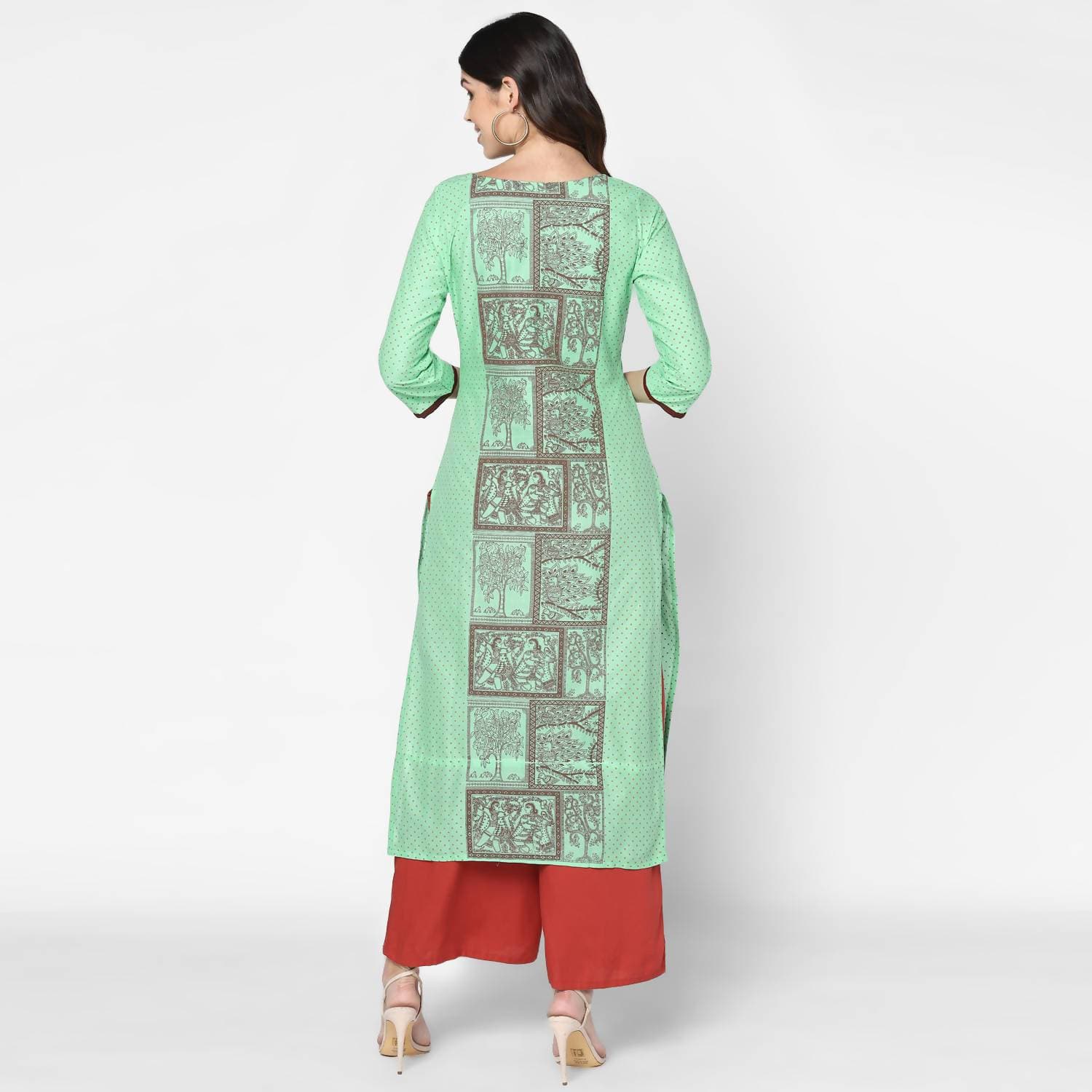 Cheera Hand Block Print Light Green Anarkali Kurta (MAAI-064K)