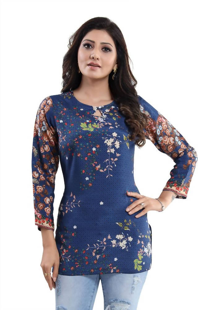 Snehal Creations Blend Well Beautiful Blue Faux Crepe Printed Tunic Top