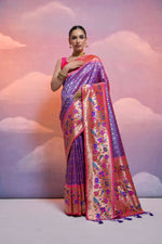 Thumbnail for Vishnu Weaves Women's Royal-Blue Paithani Silk Zari Woven Saree with Blouse - Distacart