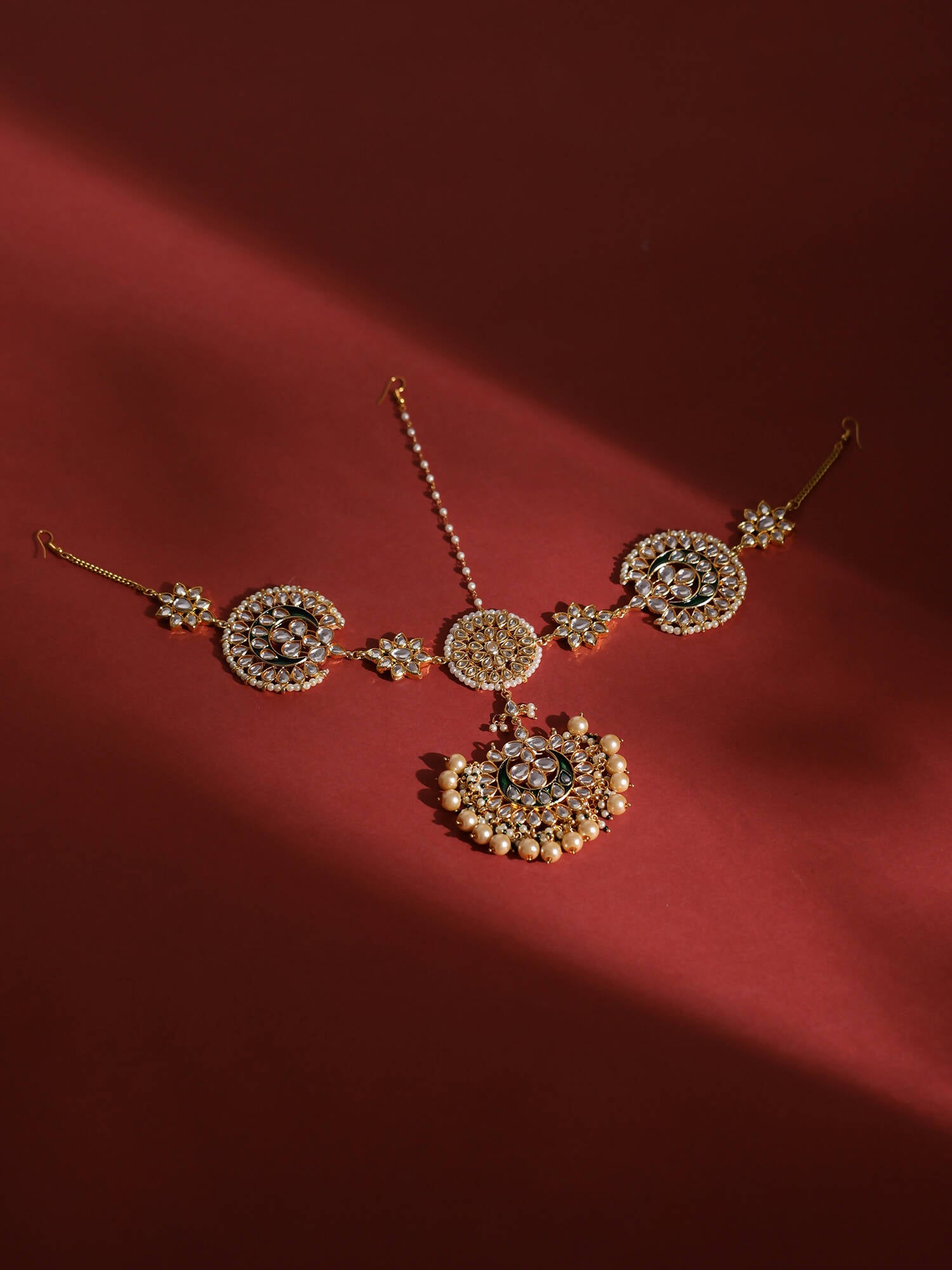Gold-Plated White Kundan-Studded Pearl Beaded Matha Patti - Ruby Raang - Distacart