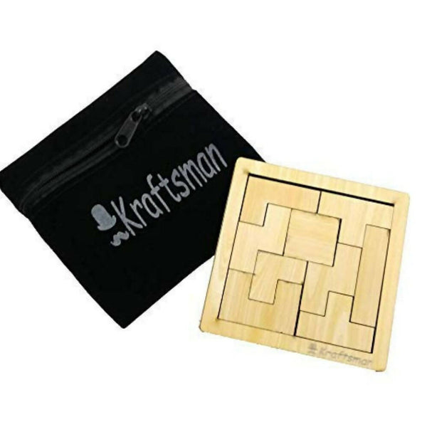 Kraftsman Portable Wooden Tetris Puzzle | 9 Pieces Puzzle 6x6 Board for Kids and Adults | Travel Pouch Included - Distacart