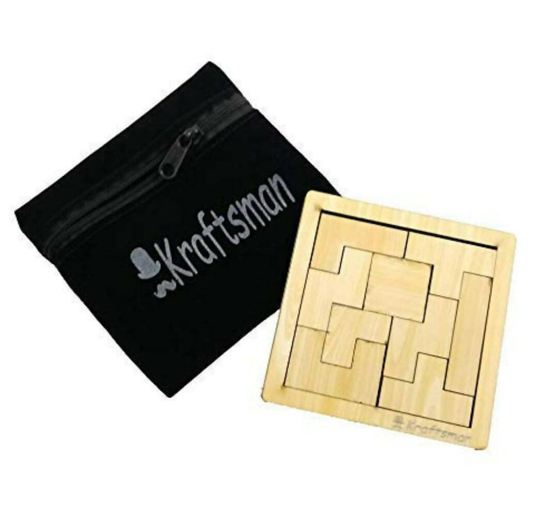 Kraftsman Portable Wooden Tetris Puzzle | 9 Pieces Puzzle 6x6 Board for Kids and Adults | Travel Pouch Included - Distacart