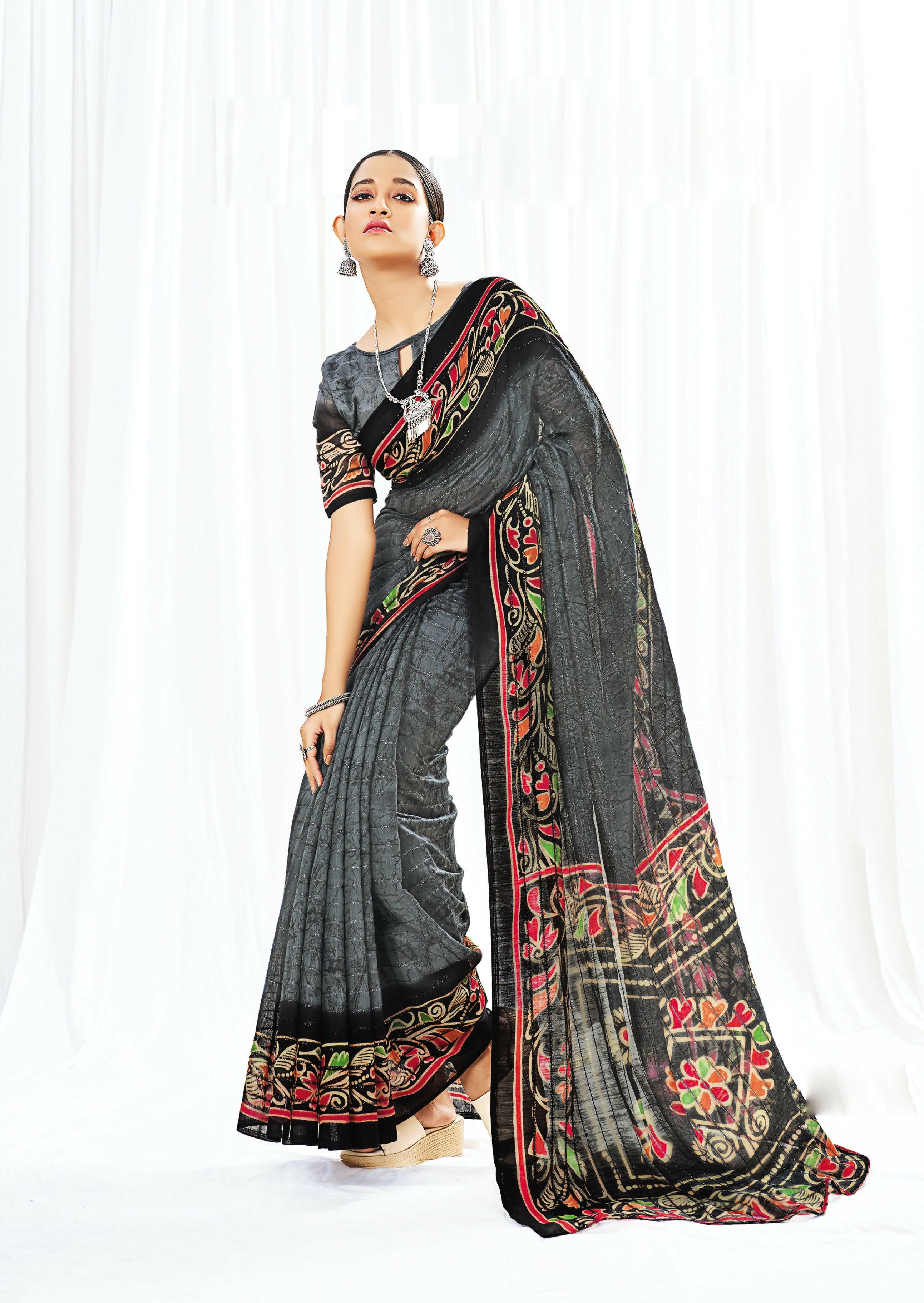 Grey Chanderi Cotton Floral Printed Saree With Unstitched Blouse Piece - Kathika - Distacart