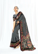 Thumbnail for Grey Chanderi Cotton Floral Printed Saree With Unstitched Blouse Piece - Kathika - Distacart