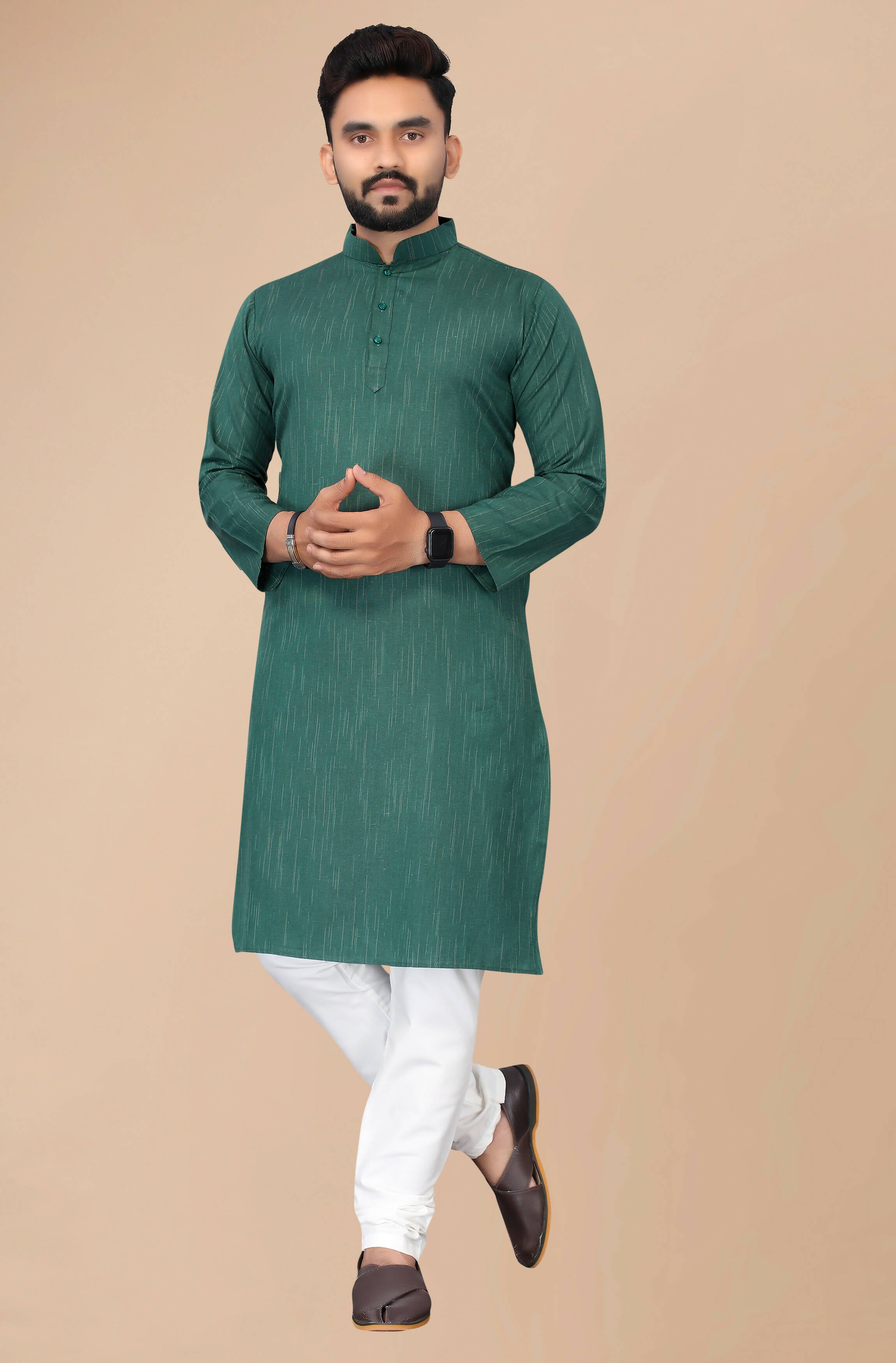 Men's Green Striped Cotton Kurta - Mahotsav - Distacart