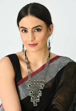 Thumbnail for Mominos Fashion Johar Kamal Oxidised Silver-Plated Brass Finish Black Kundan Afghani Long Necklace For Women - Distacart