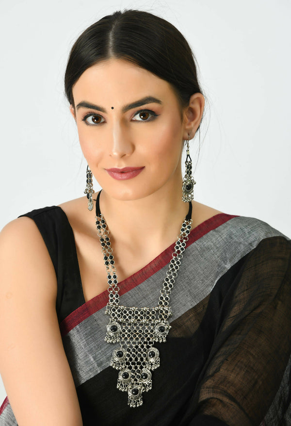 Mominos Fashion Johar Kamal Oxidised Silver-Plated Brass Finish Black Kundan Afghani Long Necklace For Women - Distacart