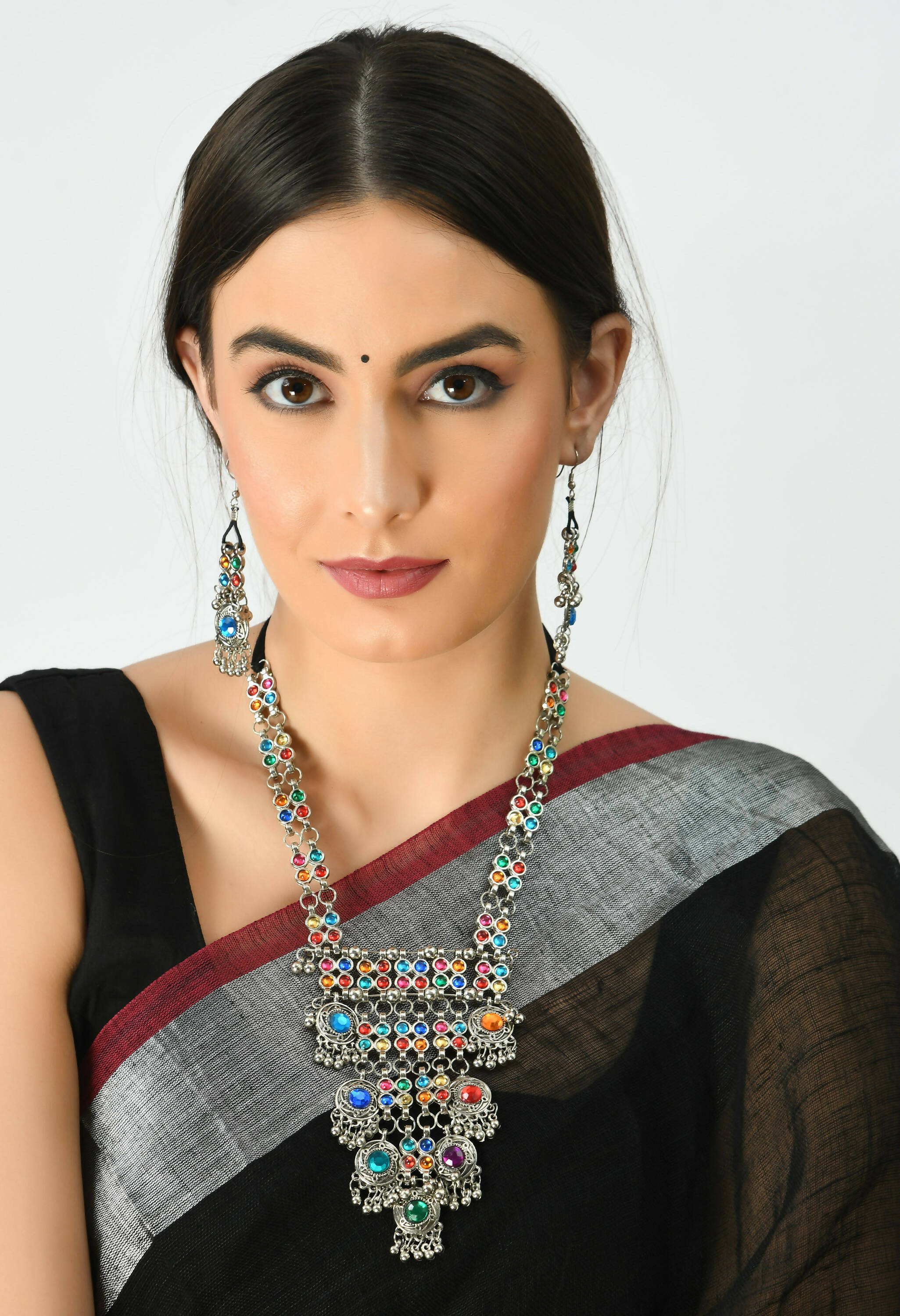 Mominos Fashion Johar Kamal Oxidised Silver-Plated Brass Finish Multi Kundan Afghani Long Necklace For Women - Distacart