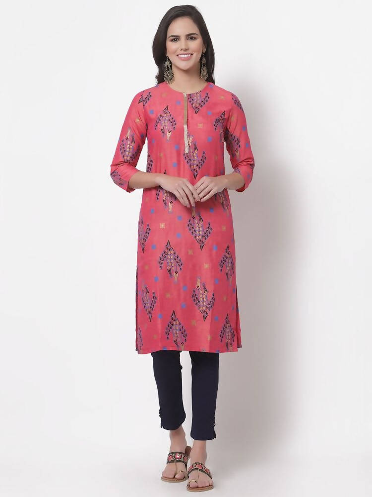Myshka Women's Pink Printed 3/4 Sleeve Rayon Round Neck Casual Kurta