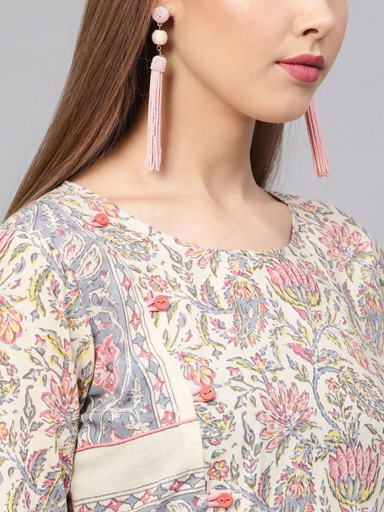 Yufta Women Beige & Grey Printed Kurta with Trouser