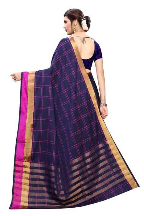 Vamika Navy Cotton Silk Weaving Saree (Rimi Checks Navy) - Distacart