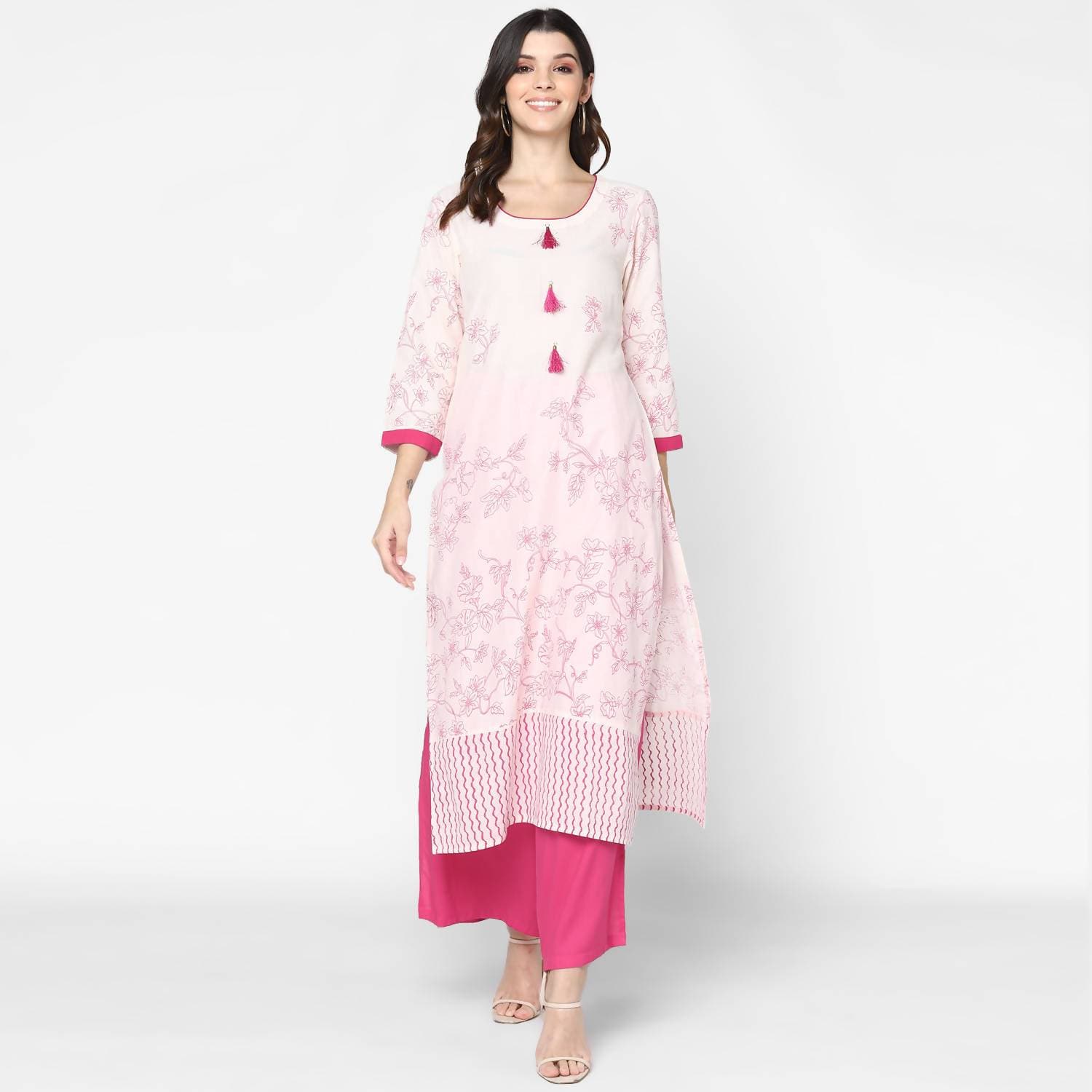Cheera Hand Block Print Cream & Magenta Straight Kurta With Palazzo (MAAI-080K)
