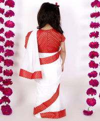 Thumbnail for Little Bansi Red And White Color Bengali Saree With Floral Brocade Blouse