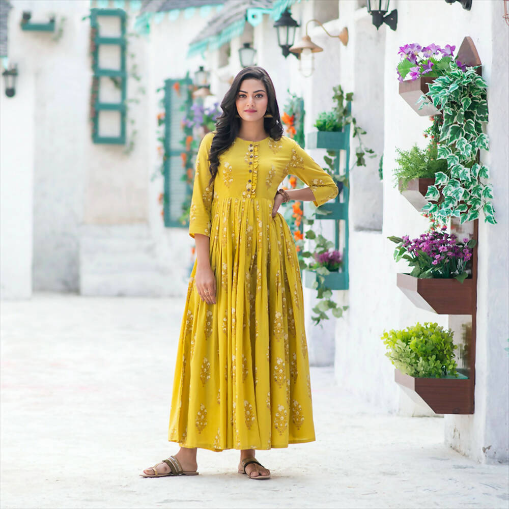 Partywear Designer Digital Printed Lemon Yellow Pure Maslin Gown - Anbazaar - Distacart
