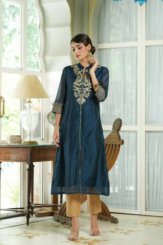 Juniper Blue Chanderi Festive Embroidered Polka Dot Printed A-Line Kurta For Women - Distacart