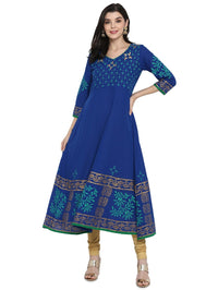 Thumbnail for Wahe-NOOR Women's Blue Block Print Anarkali Kurta - Distacart