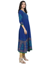 Thumbnail for Wahe-NOOR Women's Blue Block Print Anarkali Kurta - Distacart