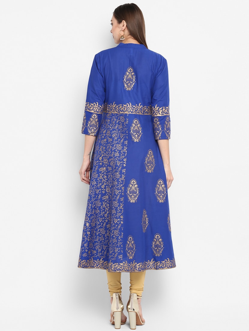 Wahe-NOOR Women's Blue & Golden Block Print Anarkali Kurta - Distacart