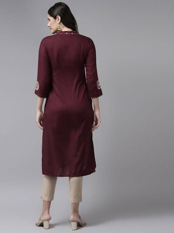 Yufta Women Maroon Ethnic Motifs Embroidered Kurta