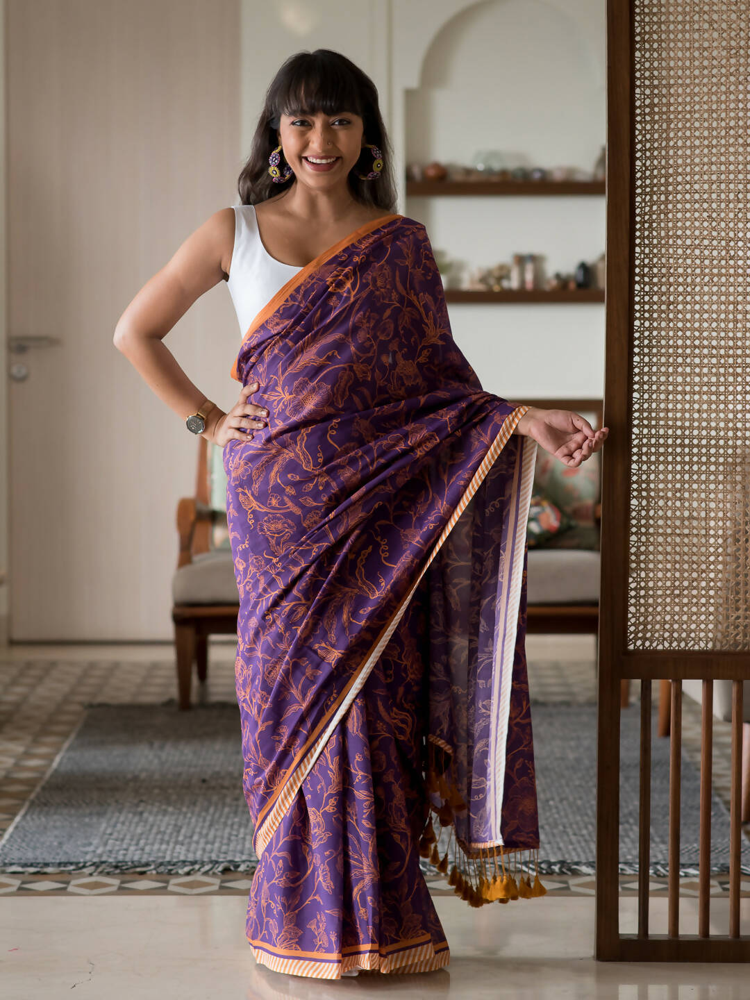 Suta Purple Floral Pure Cotton Saree - Distacart