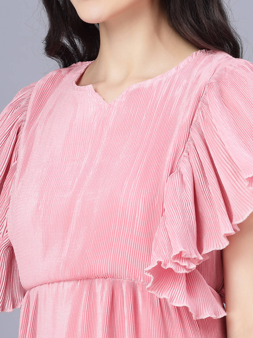 Myshka Chiffon Solid Short Sleeve Round Pink Women Dress - Distacart