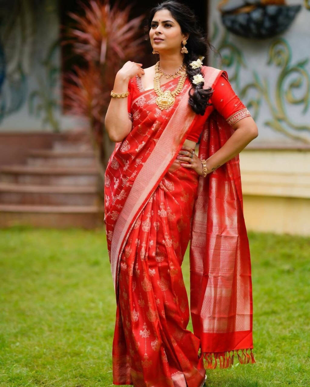 DEIANA'S Beautiful Golden Jari with New Design Soft Lichi Silk Saree - Red - Distacart
