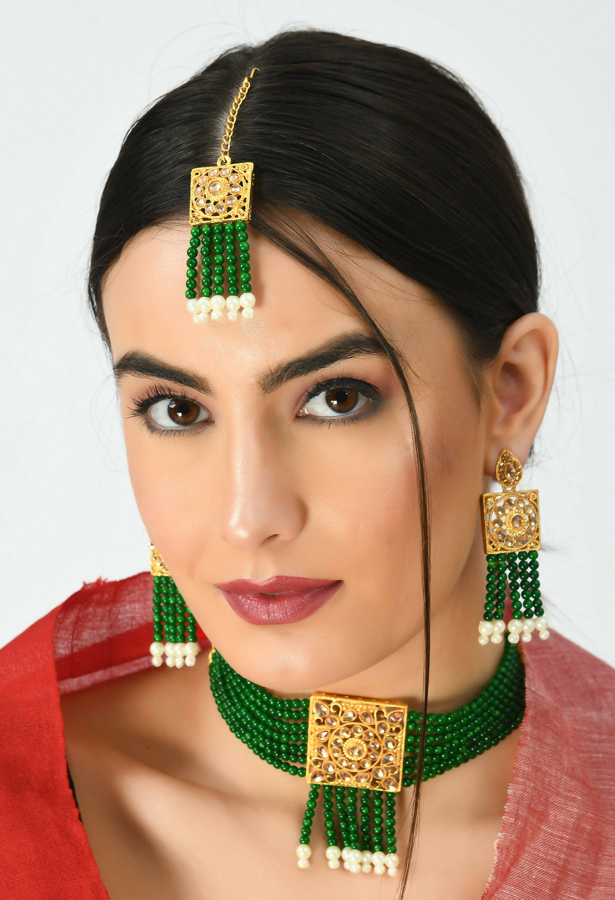Mominos Fashion Johar Kamal Gold-Plated Kundan & Pearls Necklace Green/Golden Color Choker Set - Distacart
