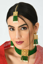 Thumbnail for Mominos Fashion Johar Kamal Gold-Plated Kundan & Pearls Necklace Green/Golden Color Choker Set - Distacart