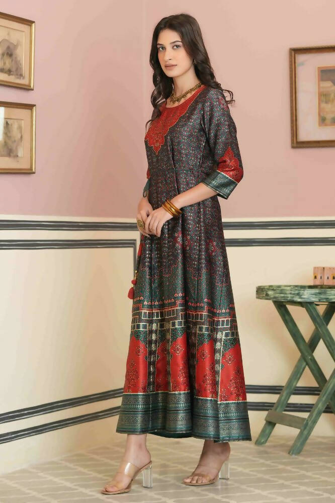 Juniper Green Satin Festive Printed Anarkali Flared Anarkali Kurta For Women - Distacart