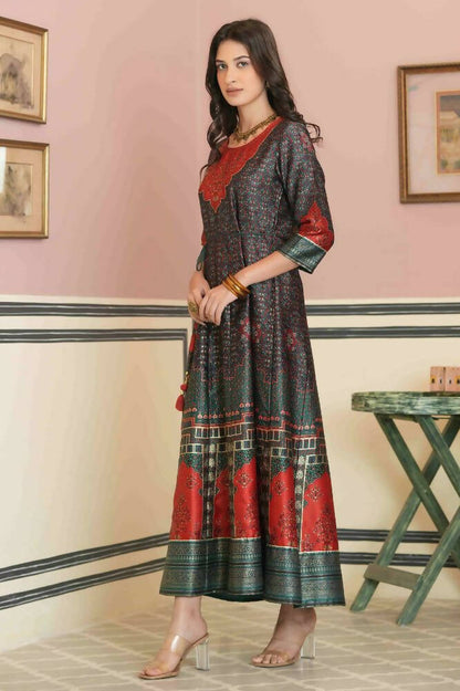 Juniper Green Satin Festive Printed Anarkali Flared Anarkali Kurta For Women - Distacart
