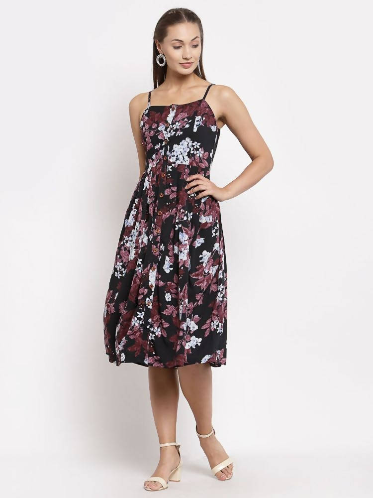 Myshka Women's Multi Color Crepe Printed Sleeveless Square Neck Casual Dress
