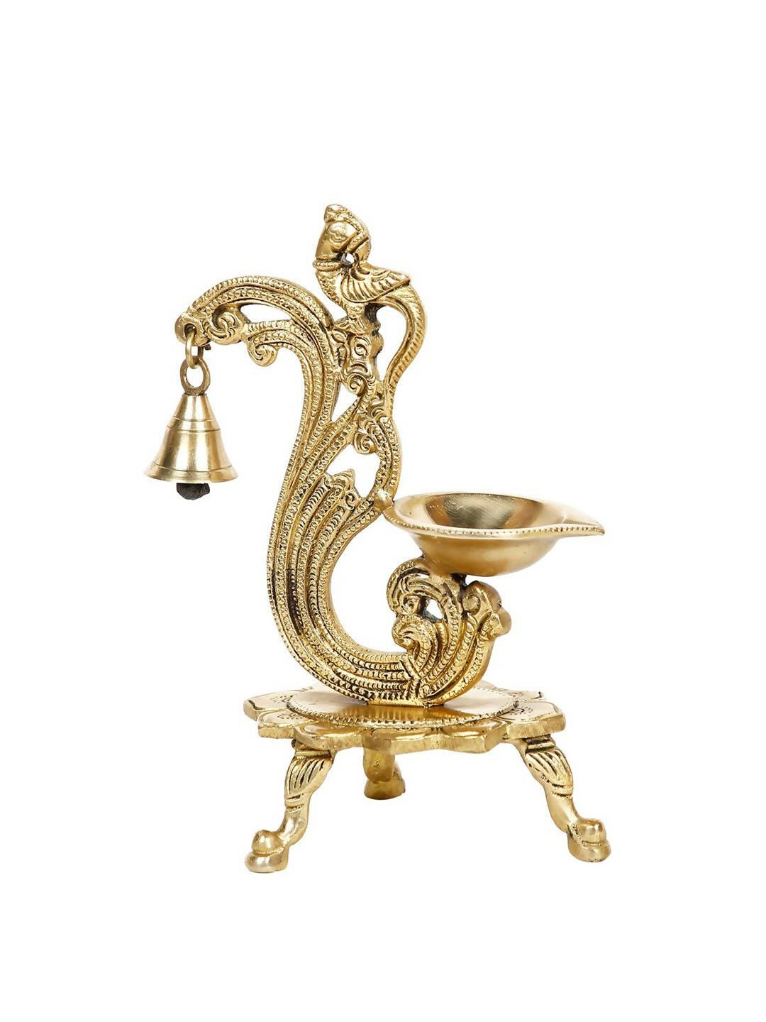 CraftVatika Gold-Toned Brass Handmade Decorative Peacock Design Diya with Bell & Stand - Distacart