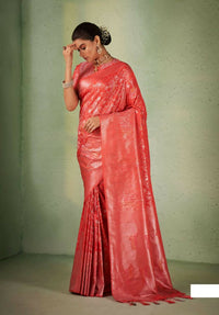 Thumbnail for Elegant Designer Tomato Red Color Kanjivaram Silk Saree With Weaving Work - Yomika Fashions - Distacart