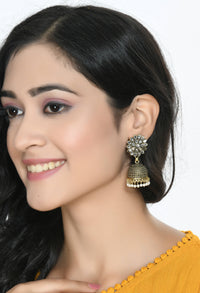Thumbnail for Mominos Fashion Johar Kamal Beautiful Kundan Work Jhumka With White Beads - Distacart