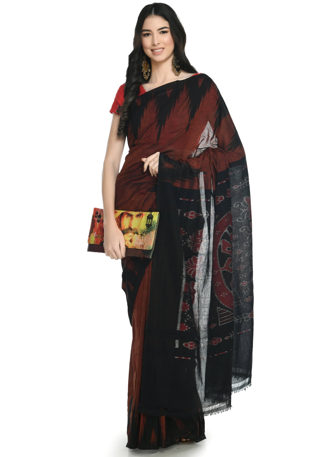 Vamika Sambalpuri Ikat Cotton Kargil Brown & Black Saree - Distacart