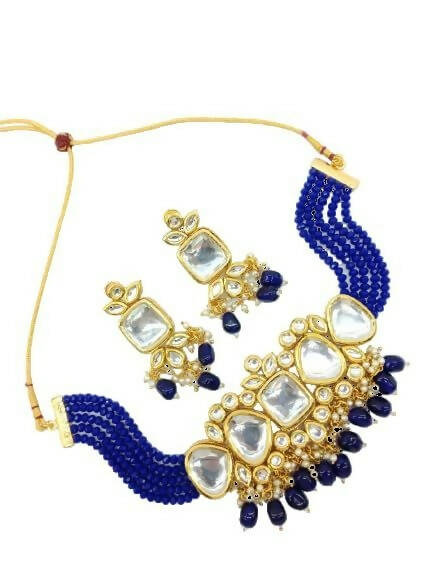Gold Plated Meenakari Kundan Studded Bridal Blue Choker Necklace & Drop Earrings Jewellery Set By House of Ree - Distacart