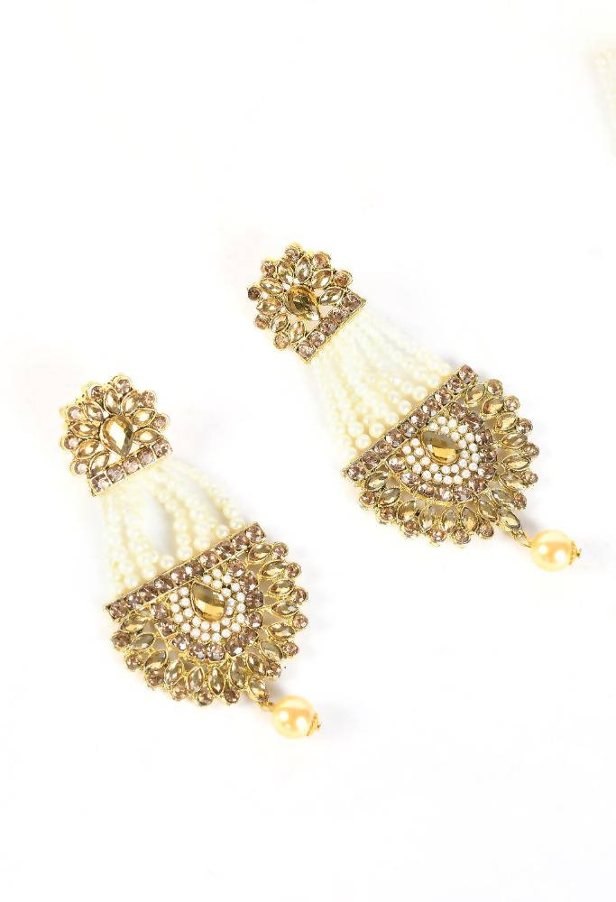 Tehzeeb Creations Golden And White Pearl And Kundan Earrings