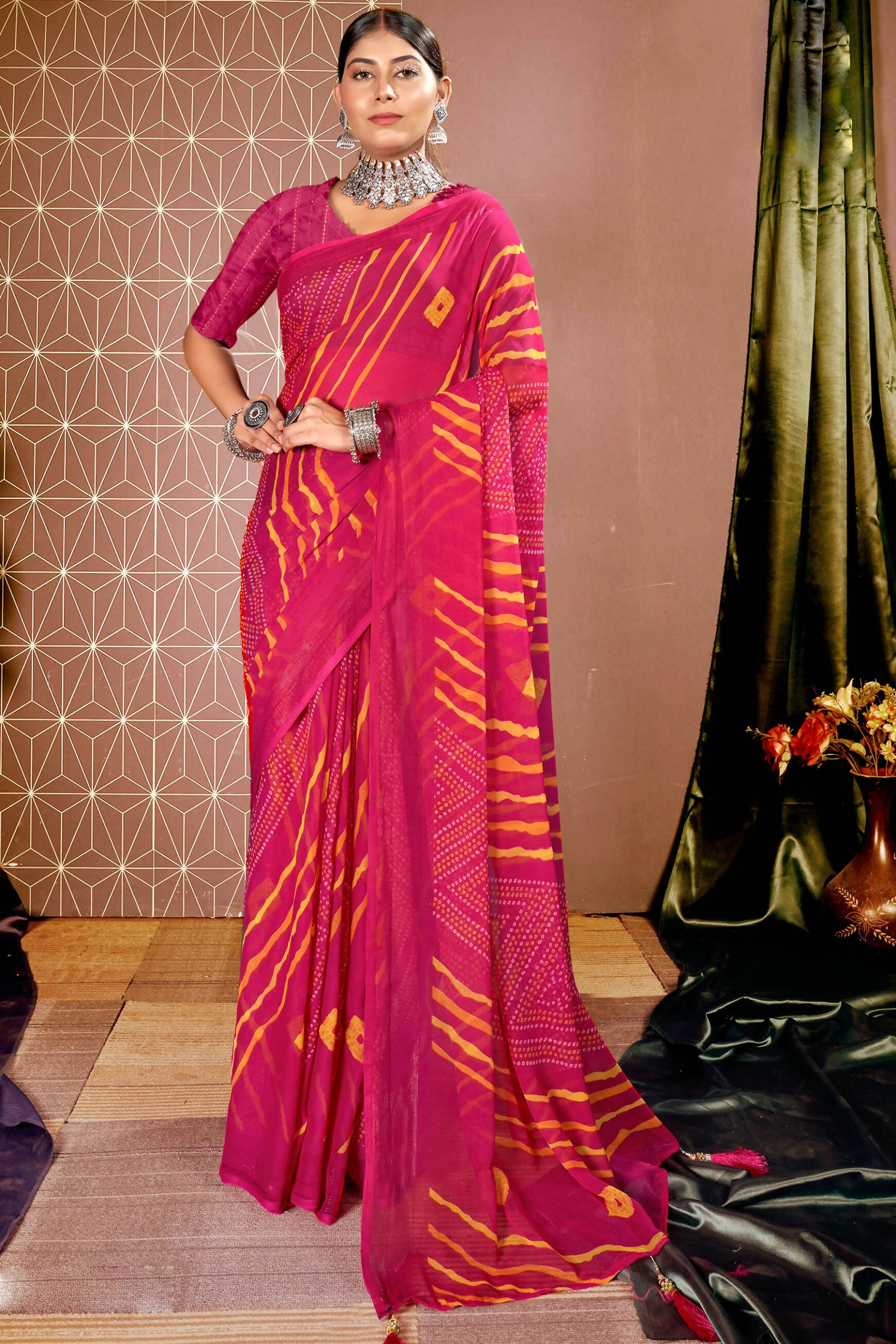 Pink Chiffon Leheriya Printed Saree With Unstitched Blouse Piece - Shanaya - Distacart