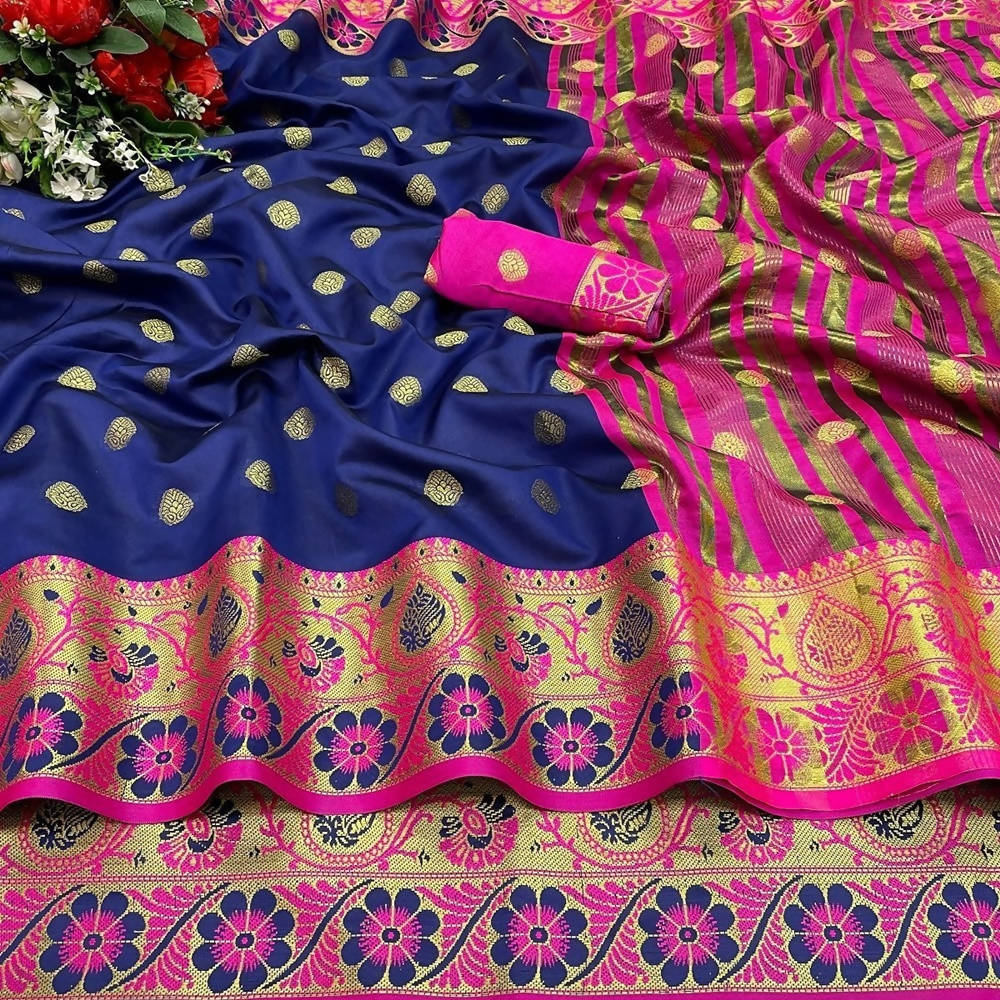 Vamika Cotton Rich Silk With Jacquard Weaving Navy Blue Saree