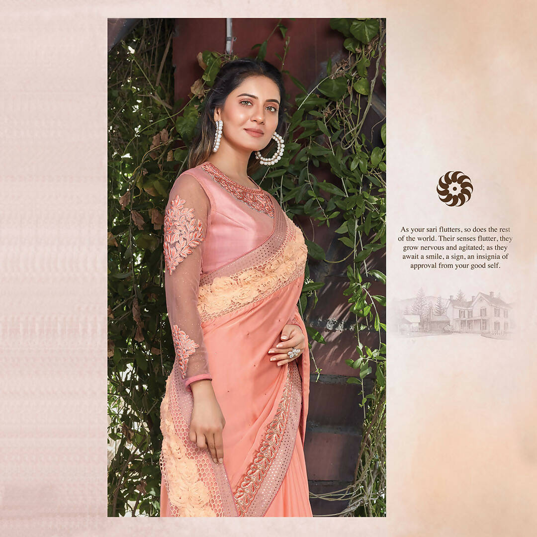 Peach Colored Satin Silk Embroidered Saree With Blouse - Norita Royal Adveka - Distacart