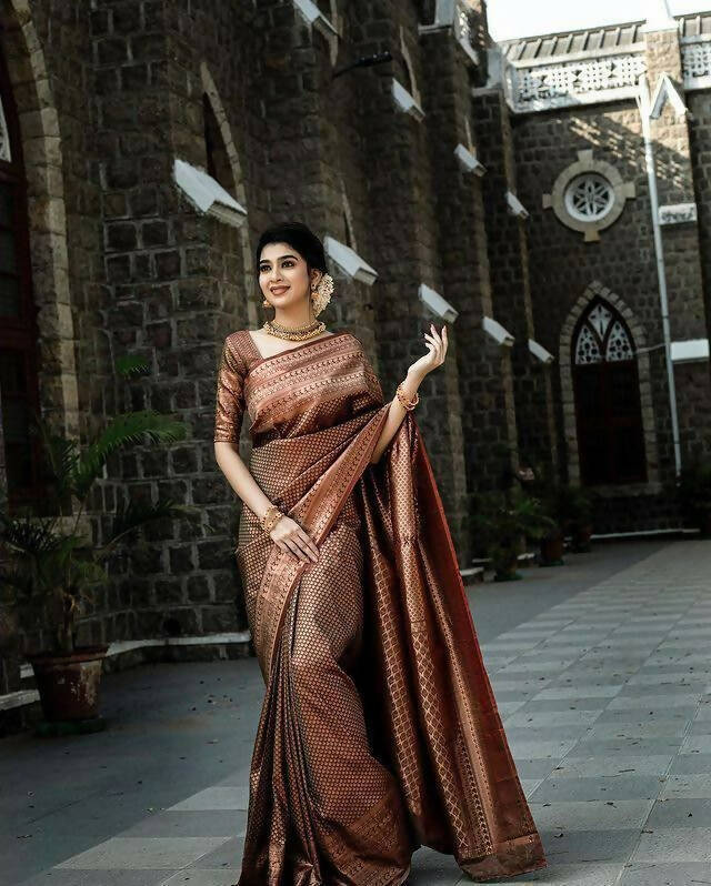 DEIANA'S Beautiful Golden Jari with New Design Soft Lichi Silk Saree - Brown - Distacart