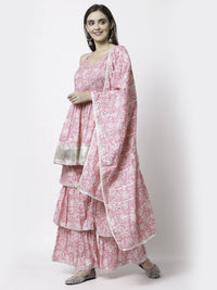 Thumbnail for Myshka Women Pink Pure Cotton Printed Sleeveless Round Neck Kurta With Sharara & Dupatta Set