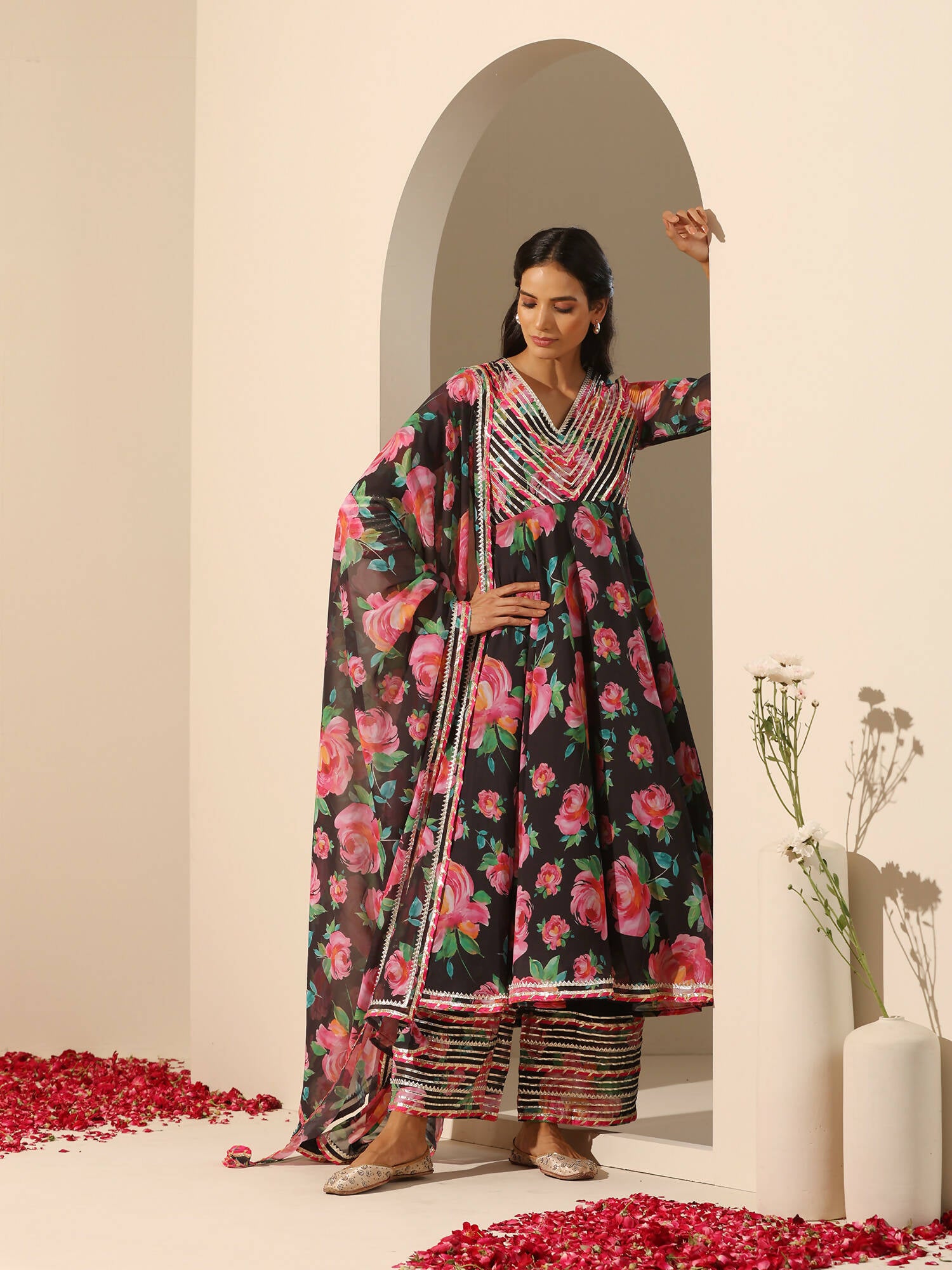 Pomcha Jaipur Black Gul Gulab Anarkali Set - Distacart