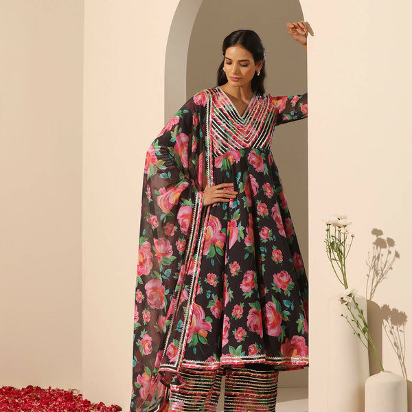 Pomcha Jaipur Black Gul Gulab Anarkali Set - Distacart