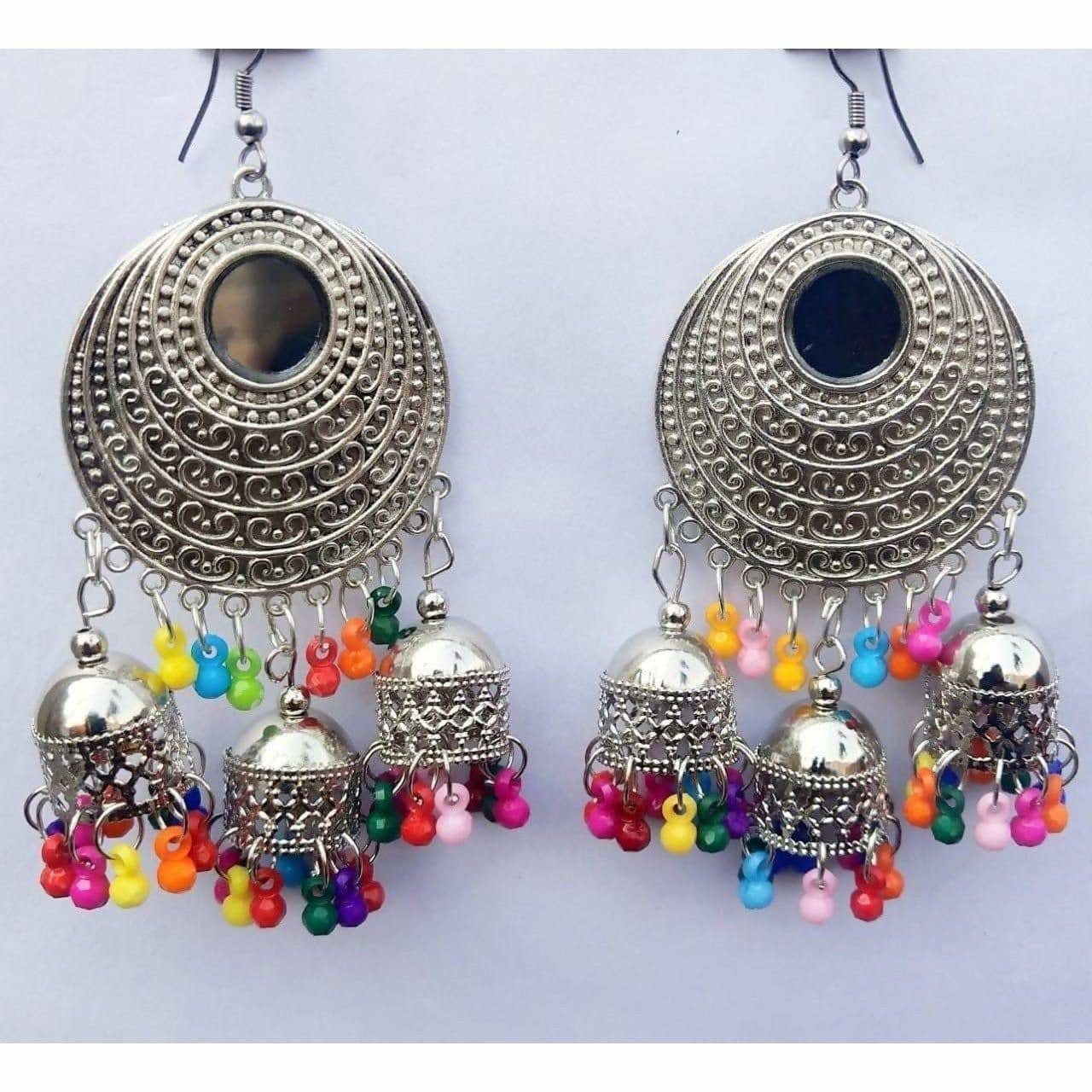 Stylish Fancy Silver Oxidized Chandbali Jhumka Multi Color Pearls Earrings